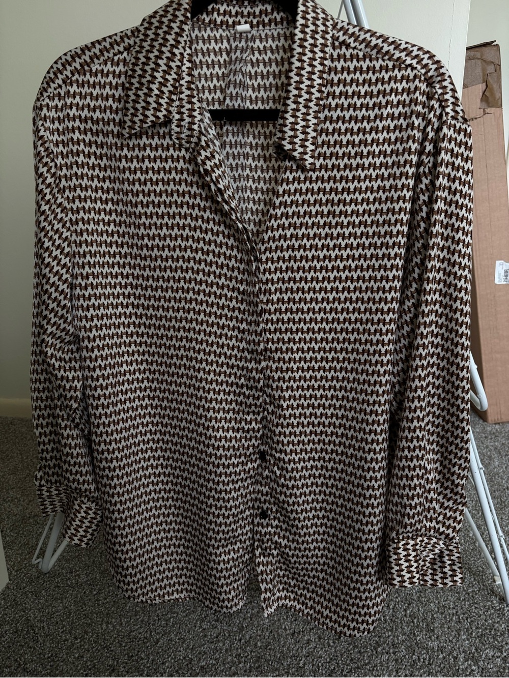 SHEIN Brown and White Houndstooth Button-Up Blouse